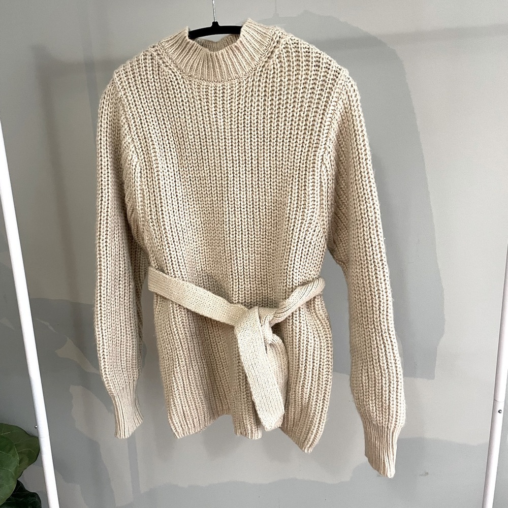 Zara Heavy Wool Knitted Belted Tan Sweater Size M